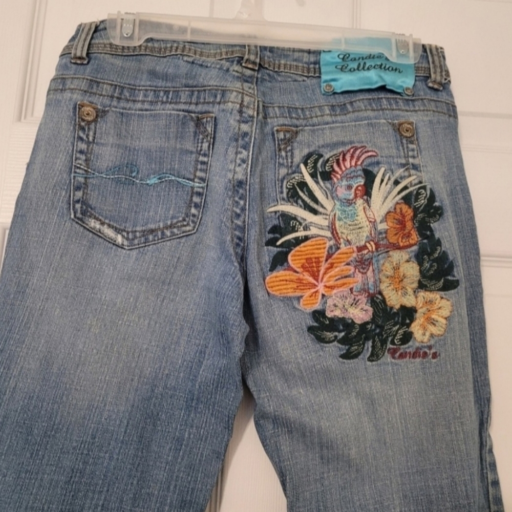 Candie's Light Blue Denim Jeans with Multicolor Tropical Embroidery